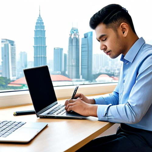 Home 11 A professional young man, fully clothed in a modest smart-casual shirt and trousers, seated comfortably at a clean, modern desk. He is thoughtfully looking at his laptop screen, which displays a travel planning website and a mobile banking app for budgeting. On the desk are neatly organized travel guides, a small notepad, and a cup of coffee. The background is a bright, organized home office with a large window offering a view of a city skyline, reminiscent of Kuala Lumpur. The image is a professional photograph, high resolution, with natural lighting, perfect anatomy, correct proportions, well-formed hands, proper finger count, and natural body proportions. This is safe for work, appropriate content, fully clothed, and professional.