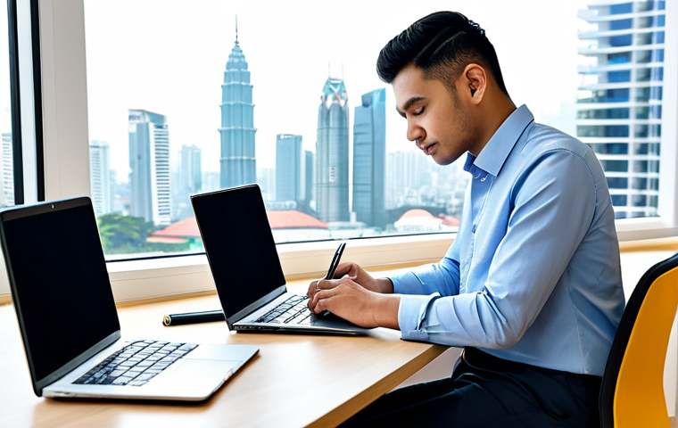 A professional young man, fully clothed in a modest smart-casual shirt and trousers, seated comfortably at a clean, modern desk. He is thoughtfully looking at his laptop screen, which displays a travel planning website and a mobile banking app for budgeting. On the desk are neatly organized travel guides, a small notepad, and a cup of coffee. The background is a bright, organized home office with a large window offering a view of a city skyline, reminiscent of Kuala Lumpur. The image is a professional photograph, high resolution, with natural lighting, perfect anatomy, correct proportions, well-formed hands, proper finger count, and natural body proportions. This is safe for work, appropriate content, fully clothed, and professional.