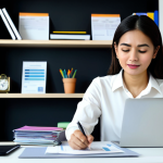 A professional Malaysian woman in a modest, smart casual blouse and slacks, sitting comfortably at a contemporary desk in a brightly lit home office. She is calmly organizing physical travel documents, such as a passport and printed itineraries, next to an open laptop displaying a cloud storage interface. A smartphone is also visible, suggesting digital backup. The background is clean and tidy, depicting a focused and organized environment. The subject displays perfect anatomy, correct proportions, well-formed hands, and a natural pose, appropriate content, fully clothed, professional dress, safe for work, family-friendly.