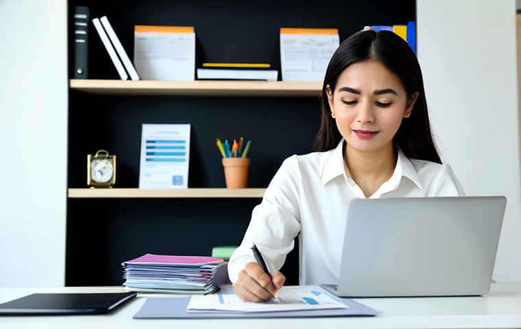 A professional Malaysian woman in a modest, smart casual blouse and slacks, sitting comfortably at a contemporary desk in a brightly lit home office. She is calmly organizing physical travel documents, such as a passport and printed itineraries, next to an open laptop displaying a cloud storage interface. A smartphone is also visible, suggesting digital backup. The background is clean and tidy, depicting a focused and organized environment. The subject displays perfect anatomy, correct proportions, well-formed hands, and a natural pose, appropriate content, fully clothed, professional dress, safe for work, family-friendly.